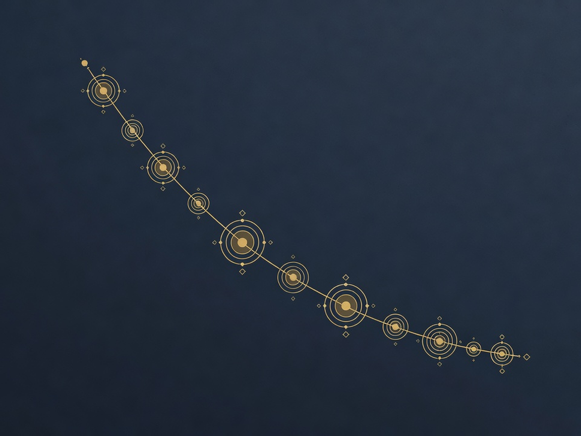 A descending alchemical curve with shrinking orbital nodes along it, illustrating the steep fall in LLM inference cost per token