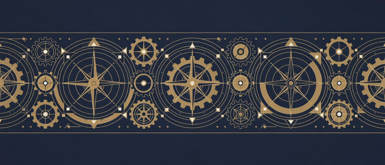Wide gold frieze of gears compass roses and orbit rings on a navy field