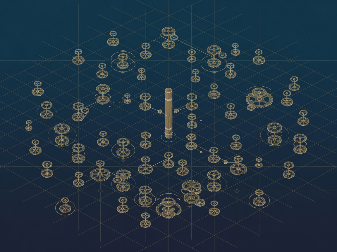 Engraved field of identical small gears multiplying across a grid with none connected to the central drive shaft, depicting AI pilots that proliferate but never reach production