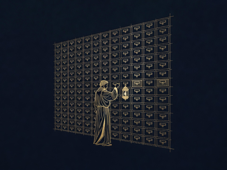 A figure with a lantern searching a wall of sealed unlabeled drawers, representing inaccessible unstructured data.