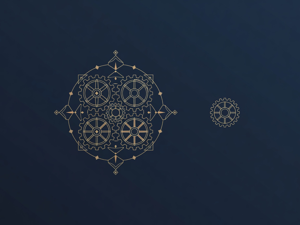 Engraved four interlocking gears with one stray gear drifting outside the mesh, depicting FERPA's four school-official conditions and the AI tool that falls outside them