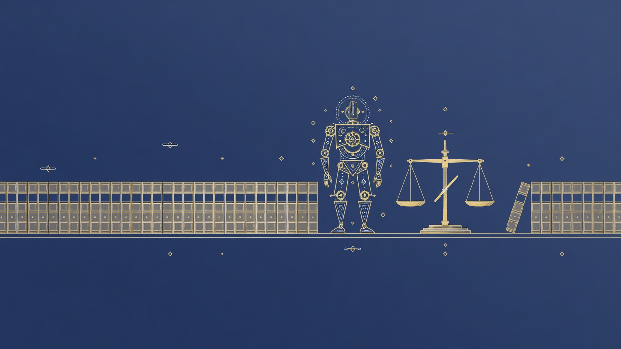 Wide engraving of a long shelf of audit ledgers beside a supervised automaton