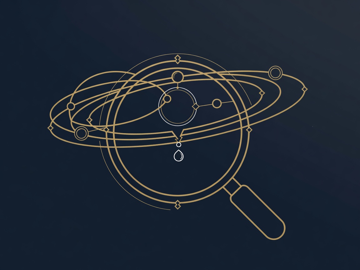 Magnifying lens over a pipeline of orbits revealing a hairline leak, representing catching lead leaks early