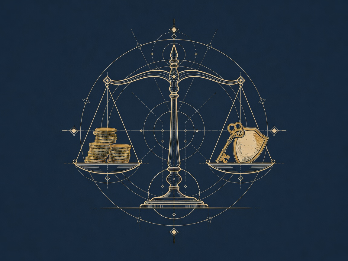 An engraved balance scale weighing coins against a sovereign key and shield.
