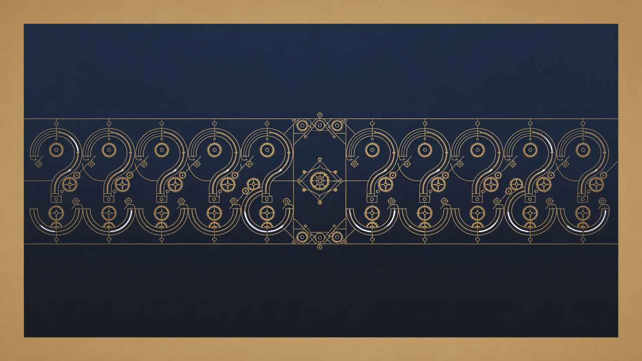 Engraved art-deco frieze of question marks formed from compass arcs and gears, a decorative divider before the FAQ