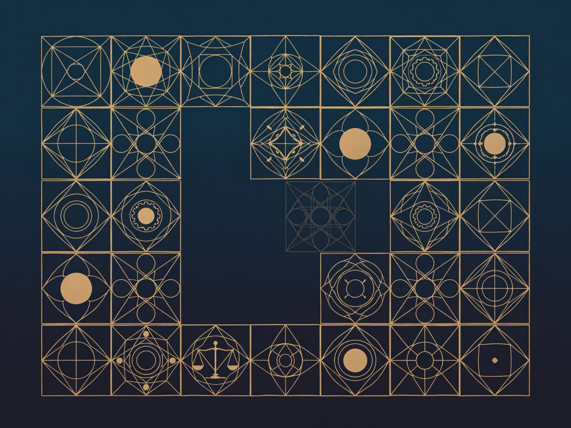 Grid of engraved gold tiles with one tile detached and faded in empty space, representing a document chunk severed from its context and made unretrievable