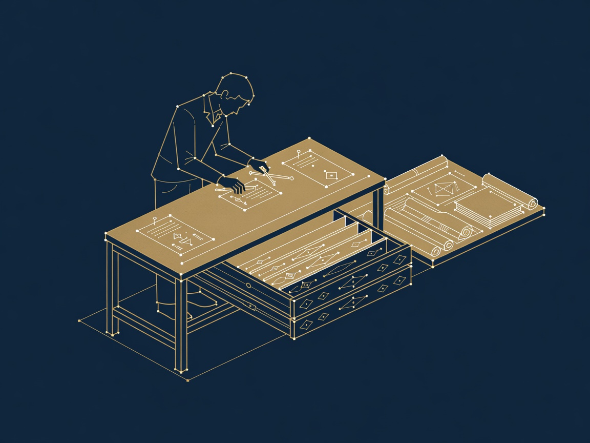 An engineer arranging a lean workbench: key notes pinned at the two ends, a memory drawer to the side, the sprawling archive kept off to one