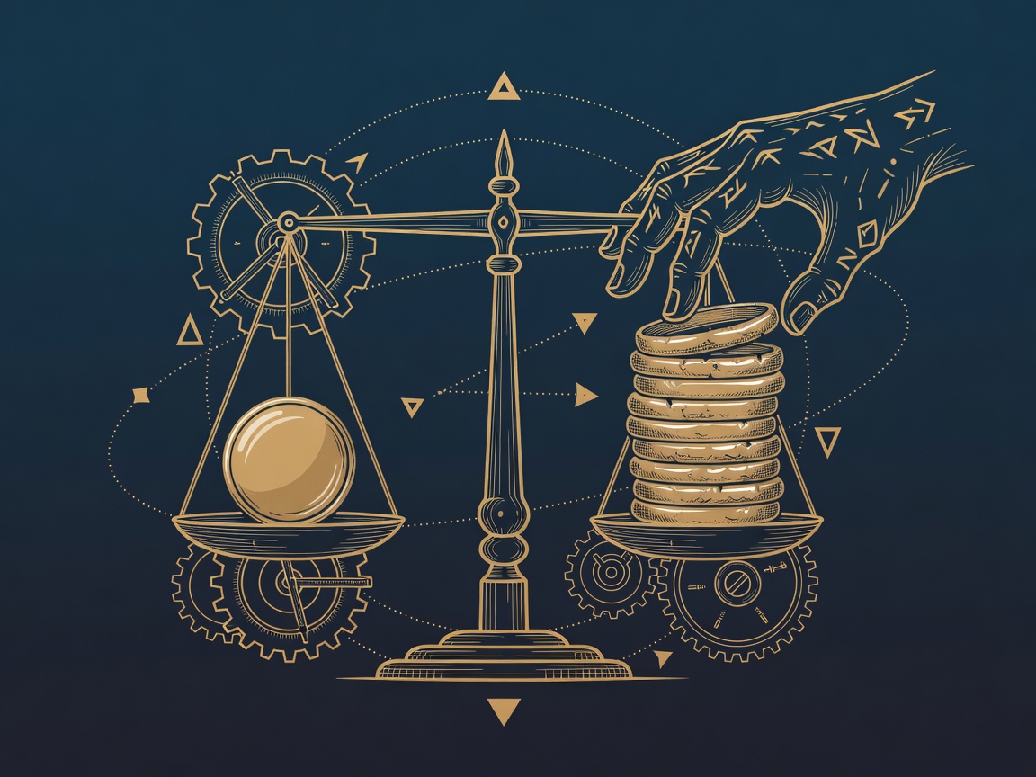 Line-engraving of a balance scale weighing a vendor demo against real historical quarters