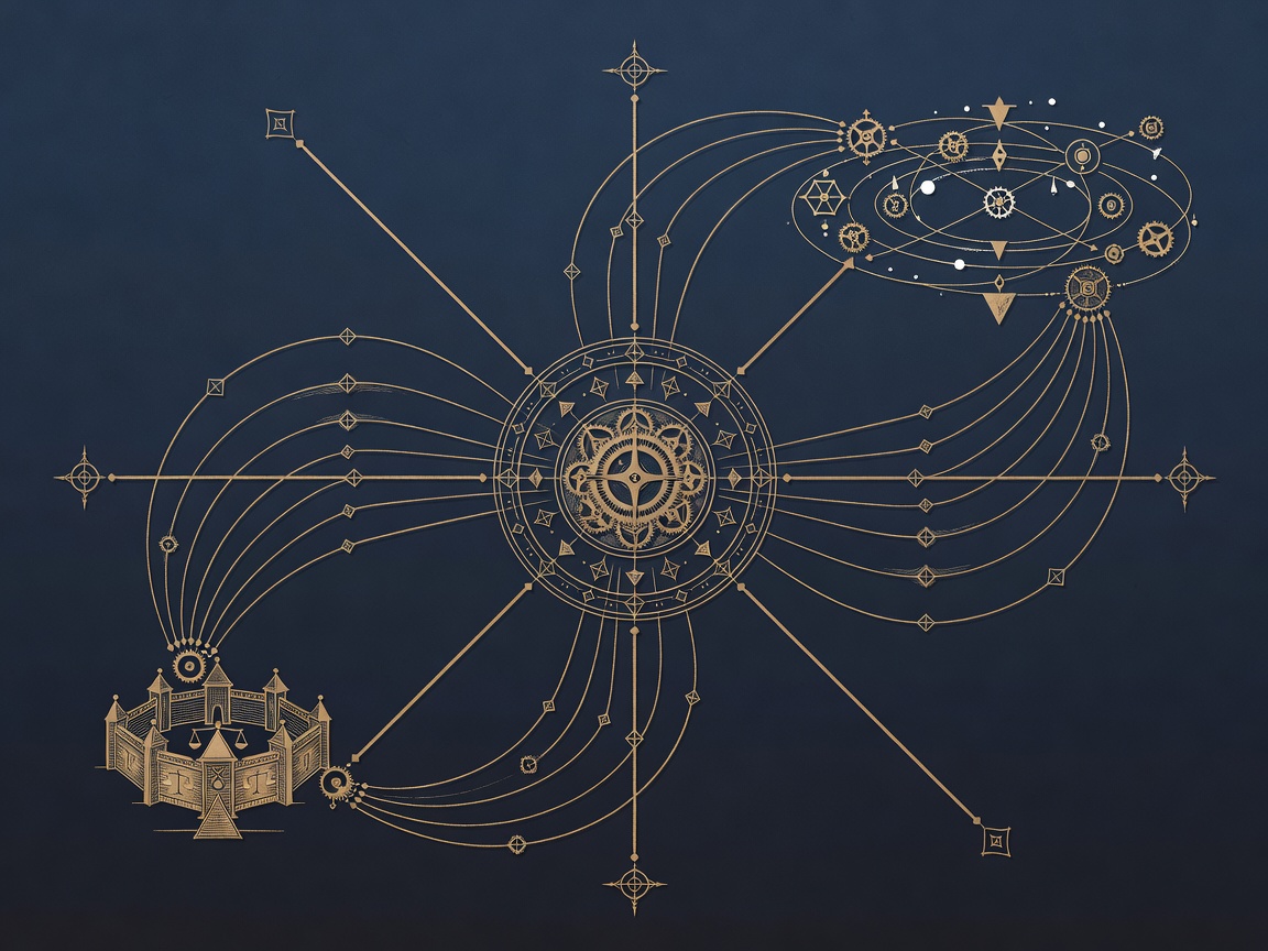A central hub routing engraved lines to a private walled node and an open orbital cloud, a hybrid control plane