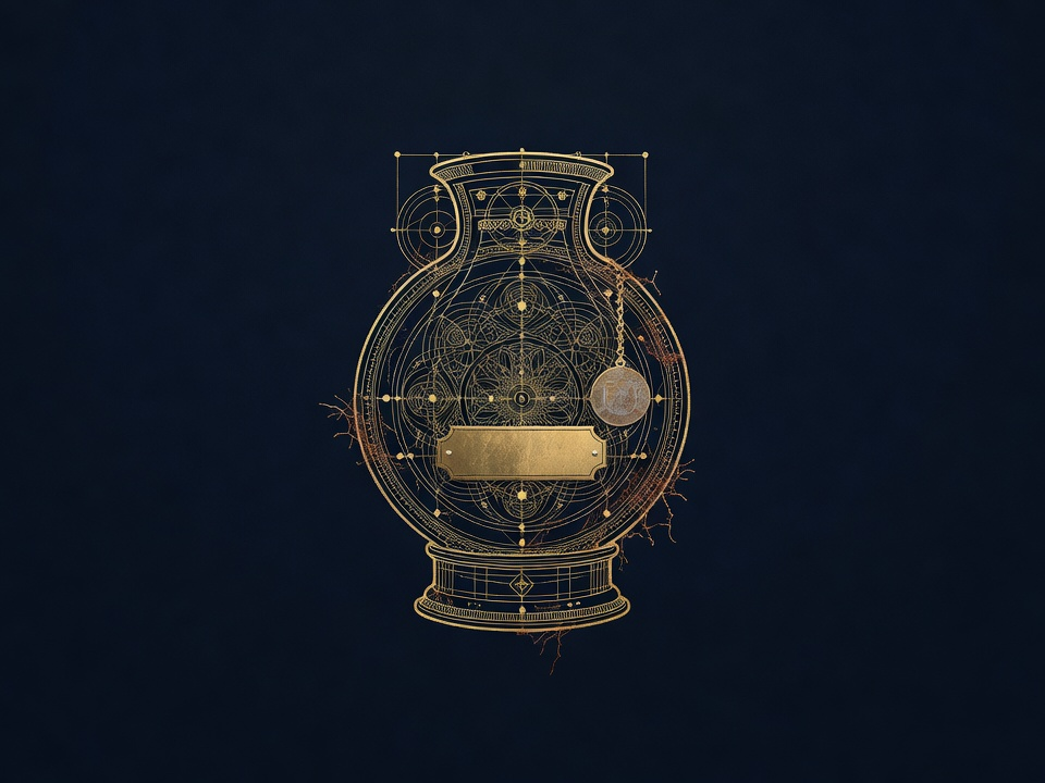 An ornate data vessel with a blank unclaimed nameplate, decay creeping in, representing unowned data.