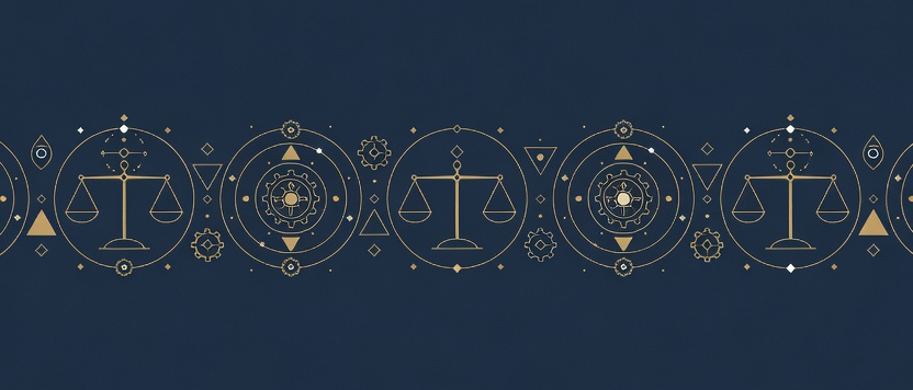 Wide geometric banner of balanced scales and orbiting rings in navy and gold