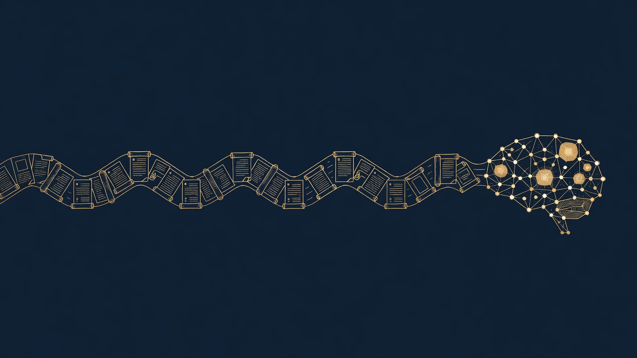 Documents flowing across a wide frieze into an ordered node-network brain