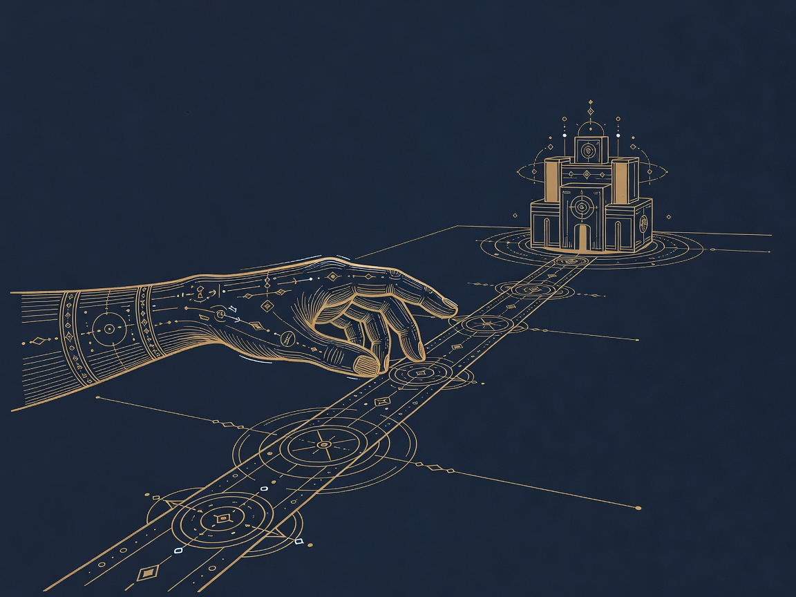 An engraved arm reaching across a boundary meridian to grasp a data vault in another territory.