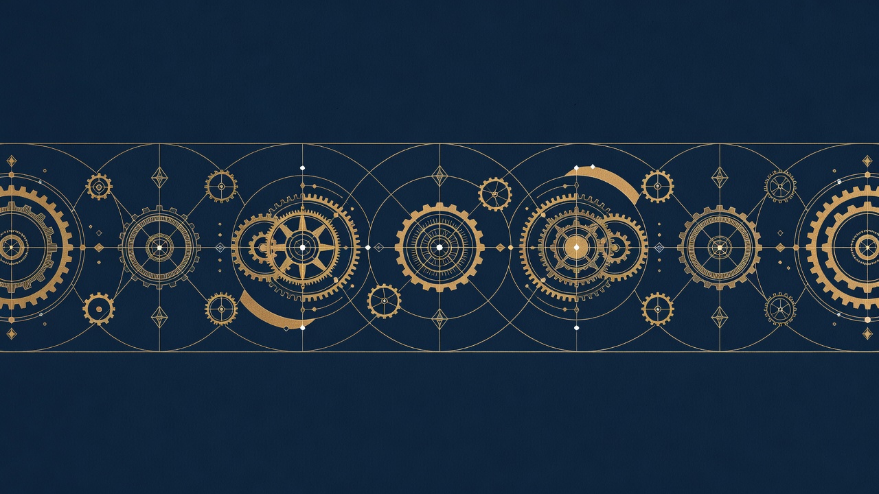 A wide frieze of orbiting geometric agent-gears in balance across a deep navy field as a brand section banner