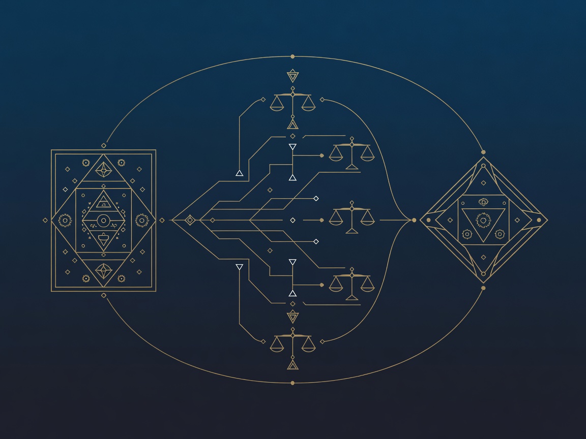 Three linked geometric panels joined as a chain: a glossary definition, a branching lineage flow-line, and an ownership tag