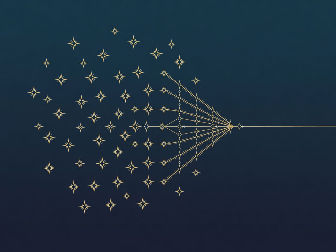 Engraved guardrail rails channeling scattered sparks into one ordered output line, depicting guardrails as reliability engineering for a probabilistic system