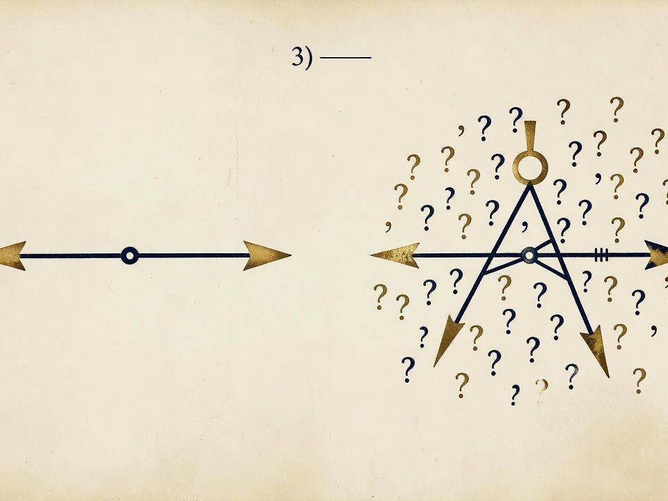 two engraved compass needles, one pointing confidently and dead straight in the wrong direction with a bold brass arrow, the
