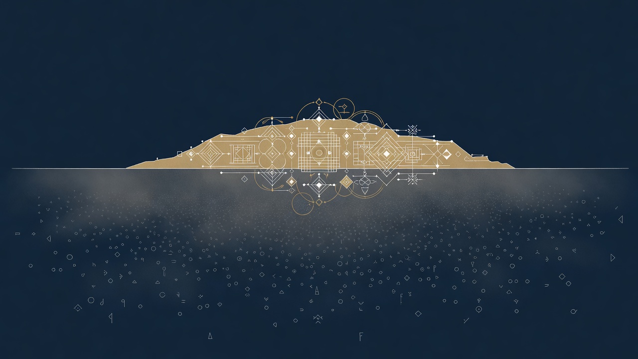A wide panoramic section break: a clean horizon line between a foggy sea of dim tokens and a small brightly-lit island of organized, in-focu