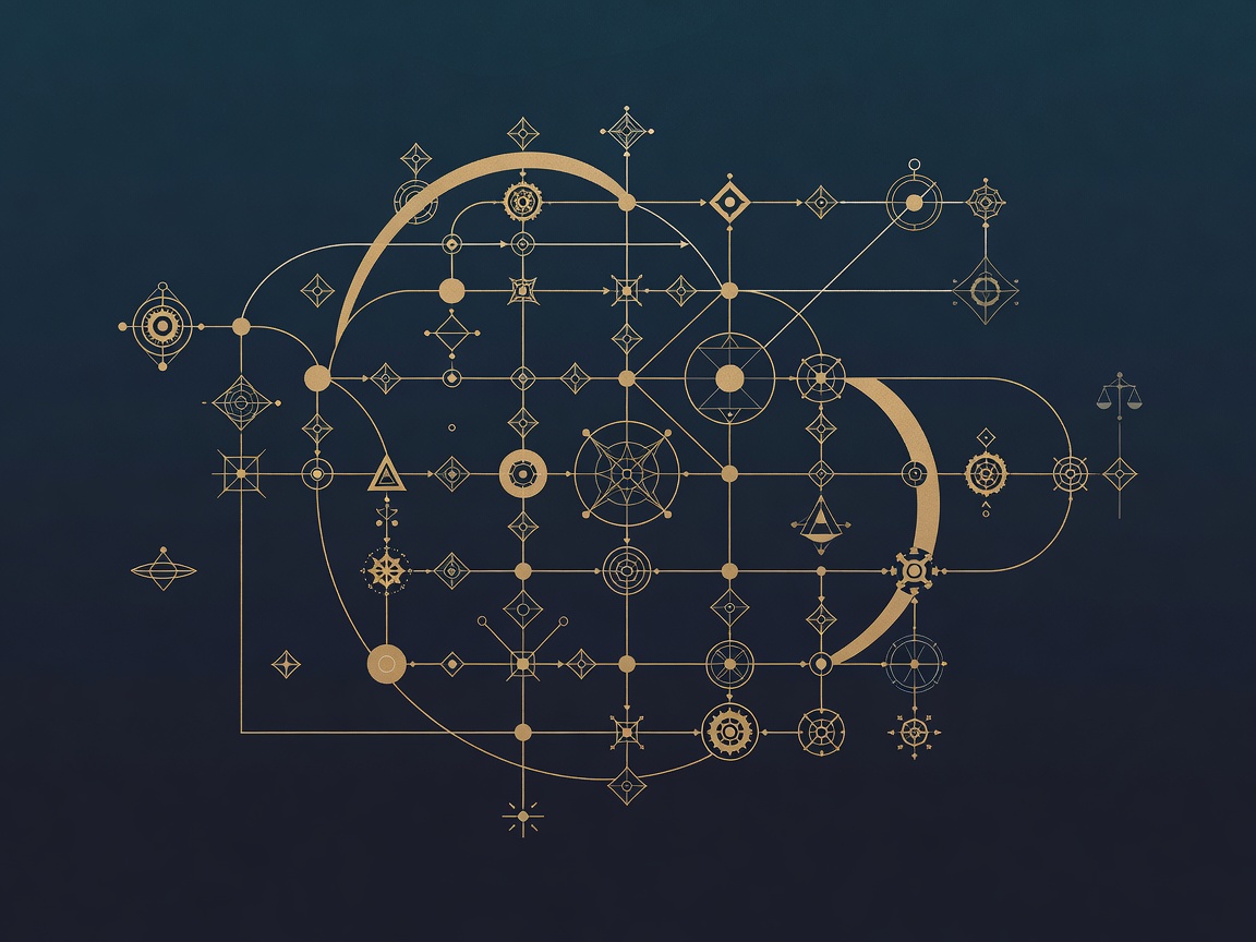 Engraved orchestration flow graph with nodes, edges, and checkpoint markers