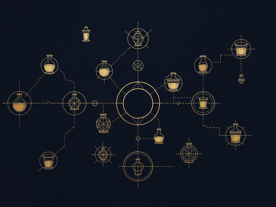 Fifteen small disconnected database vessels scattered across the plate, representing fragmented data silos.