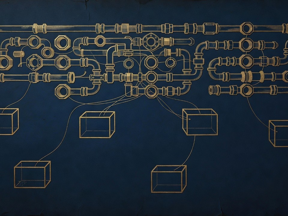 Above Why integration is the hard part: a labyrinth of mismatched engraved pipes, sockets, and incompatible mechanical coupli