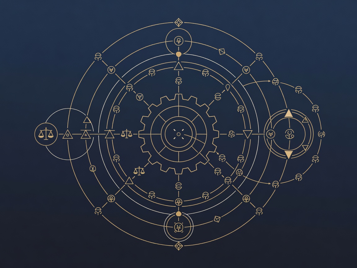 Antique-gold engraving of a central gear sorting orbiting task glyphs into prioritized and batched streams