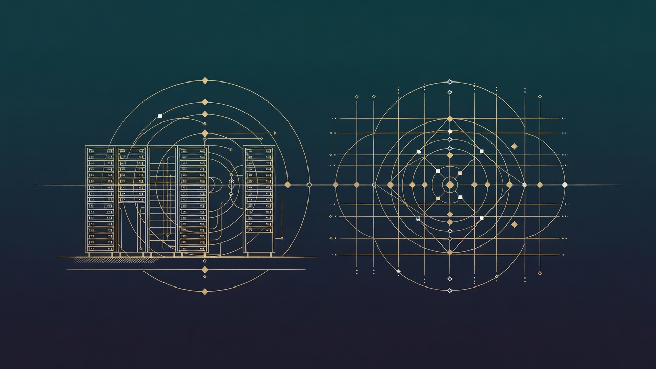 A wide banner splitting a physical datacenter from an abstract jurisdictional legal grid