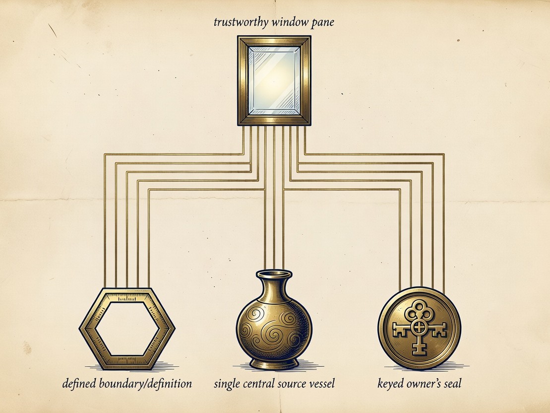 three foundational brass elements drawn as alchemical glyphs