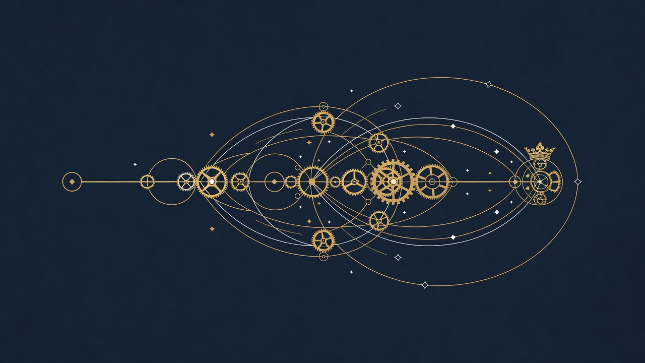 A single controlled meridian line threading through gears and orbits toward a crowned sovereign keystone.