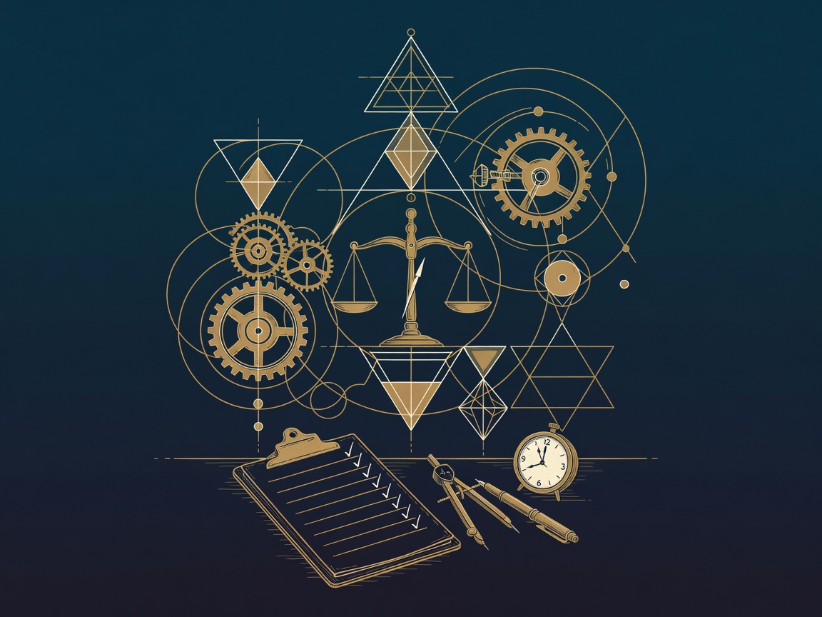 Engraved one-page scoring rubric on a clipboard with five rows, a compass and a clock