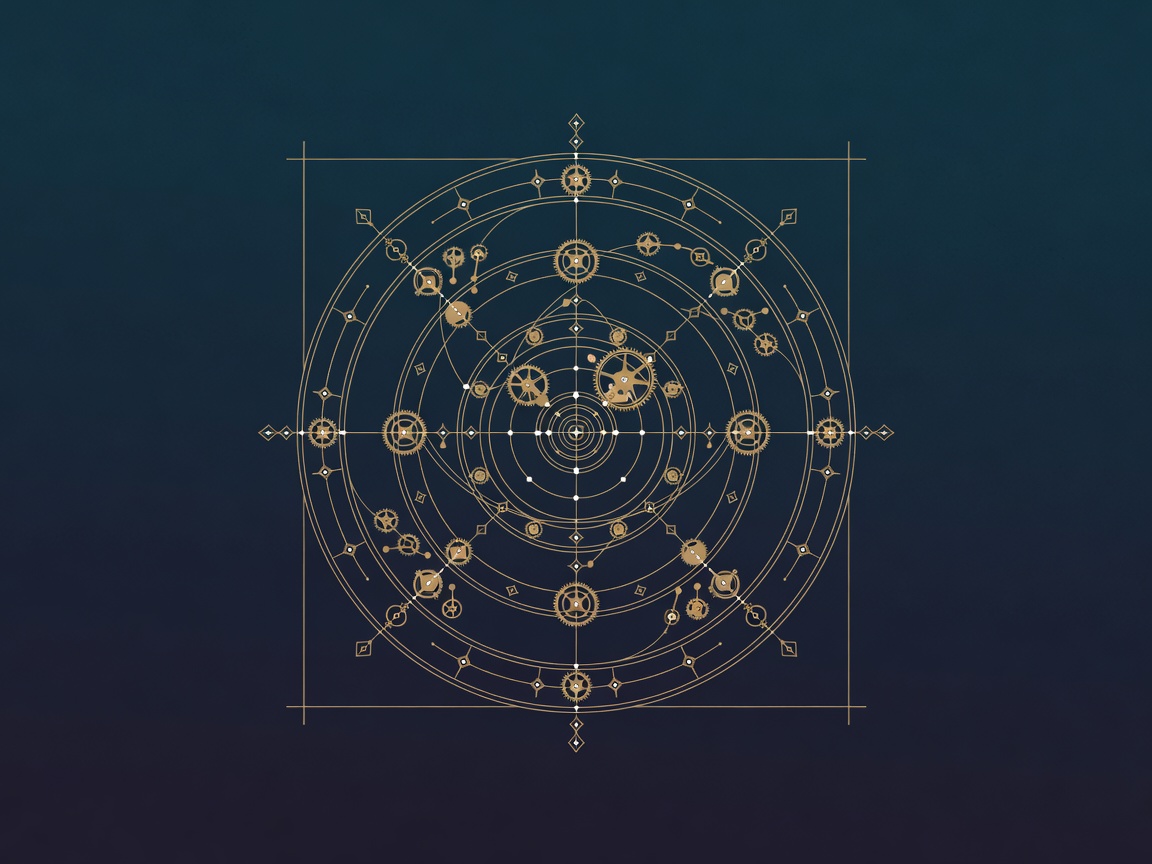 An alchemical astrolabe sorting small mechanisms into four quadrants of a portfolio grid.