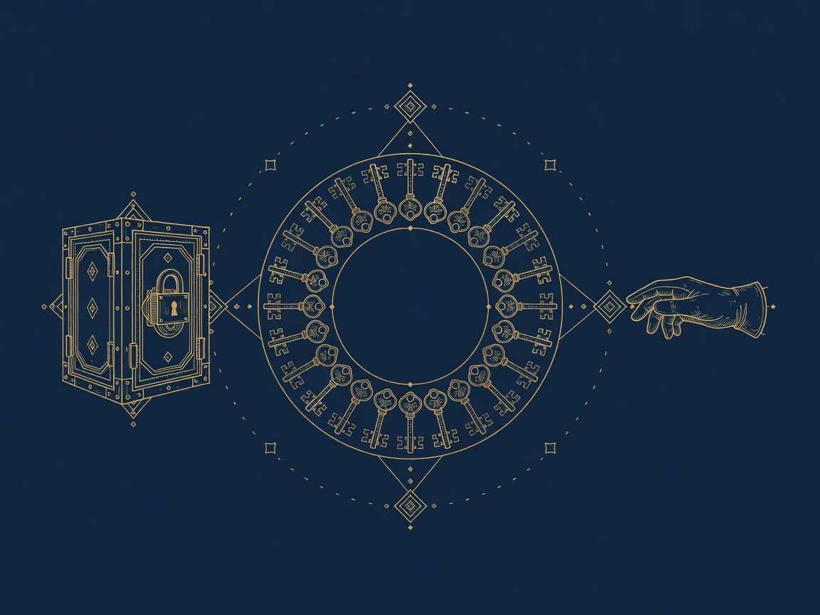 An ornate ring of engraved keys held by a distant hand away from a locked data vault.