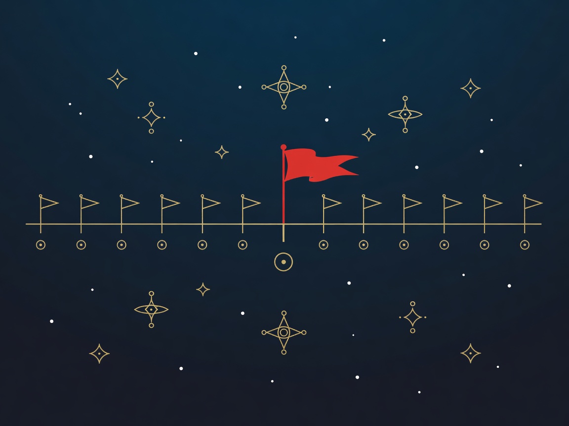 A project timeline lined with small warning flags and one larger flag, representing red flags that predict a stalled pilot