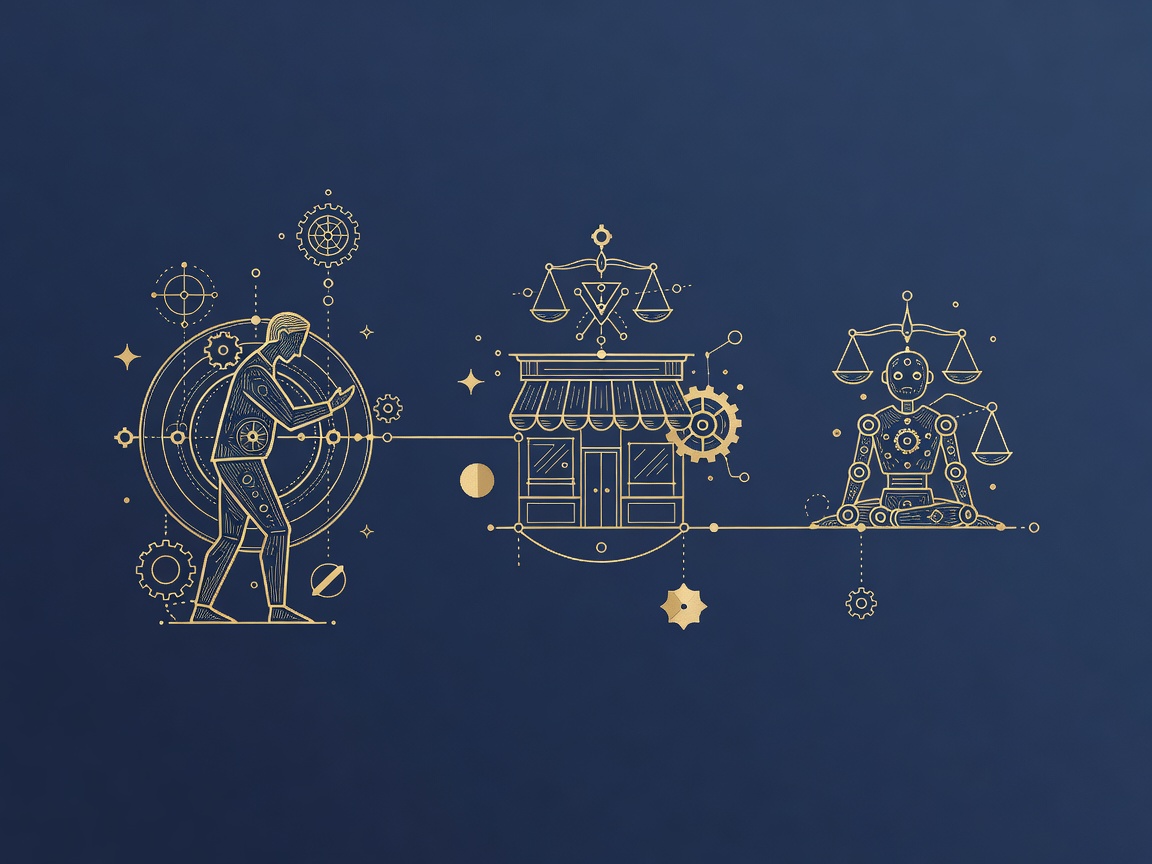 Engraving of a customer and a business joined by a contract line while the AI agent sits apart