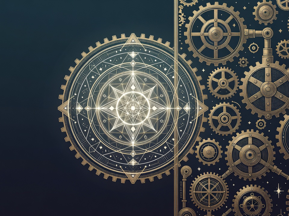 An engraved radiant mind-orb meeting a solid wall of interlocking legacy gears.