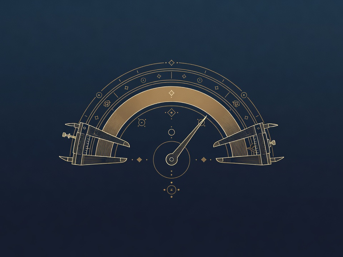 Engraved gauge showing a wide confidence band instead of a single needle, flanked by calipers measuring the spread
