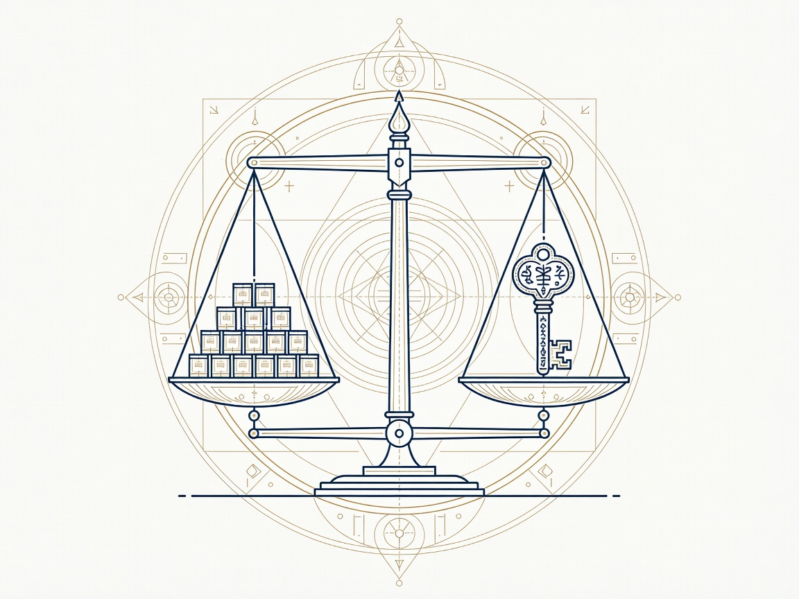 Engraved balance scale holding identical stamped modules on one side and a single ornate key on the other, illustrating productized workflow versus bespoke judgment