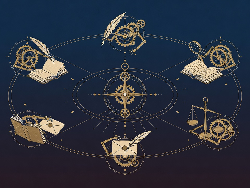Six small engraved automata tending a quill, magnifier, ledger, scale, envelope and book around a central compass, the six agent moves