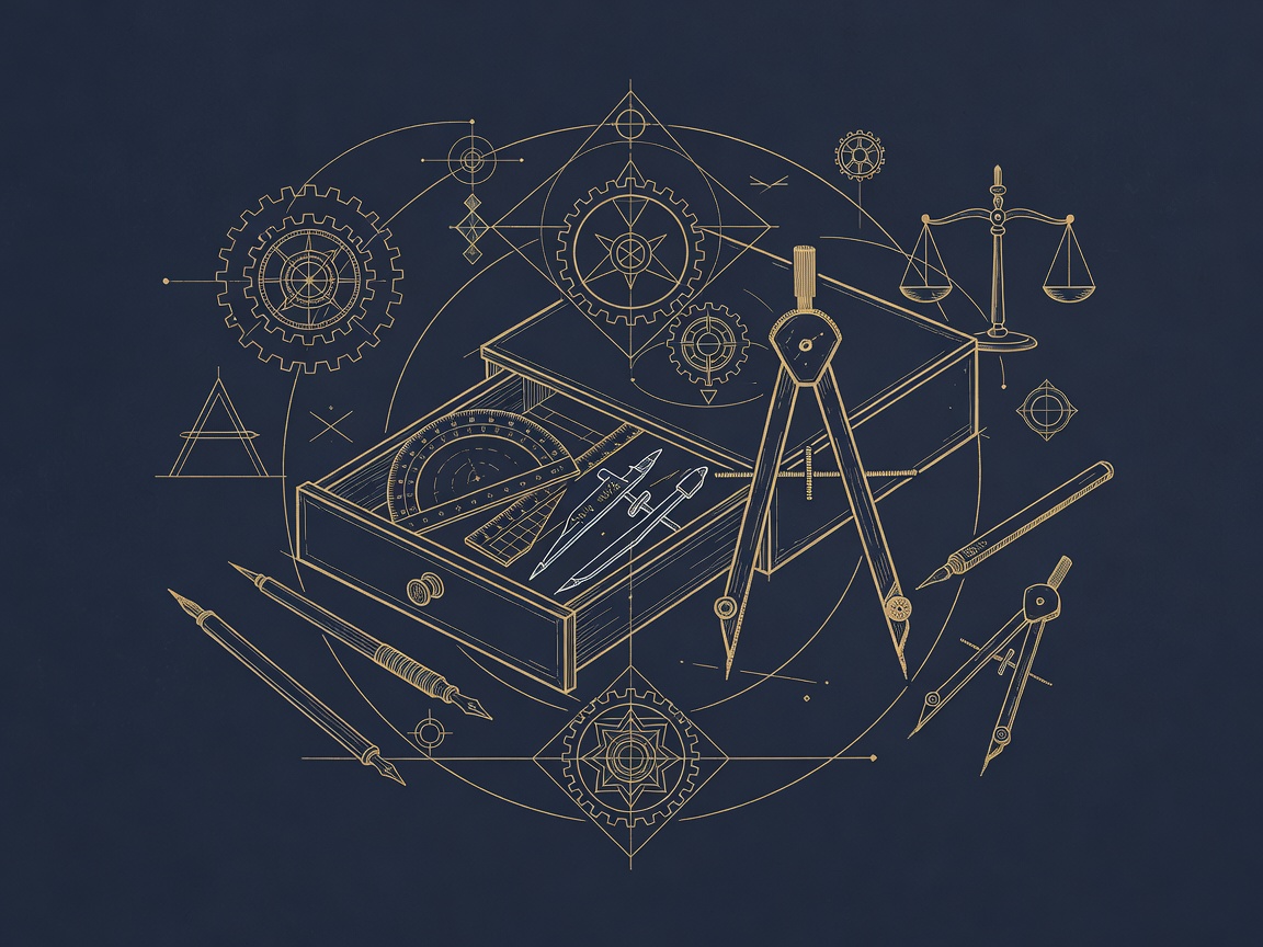 A drawer of unused drafting instruments beside one active compass, symbolizing optional RevOps tools that can wait