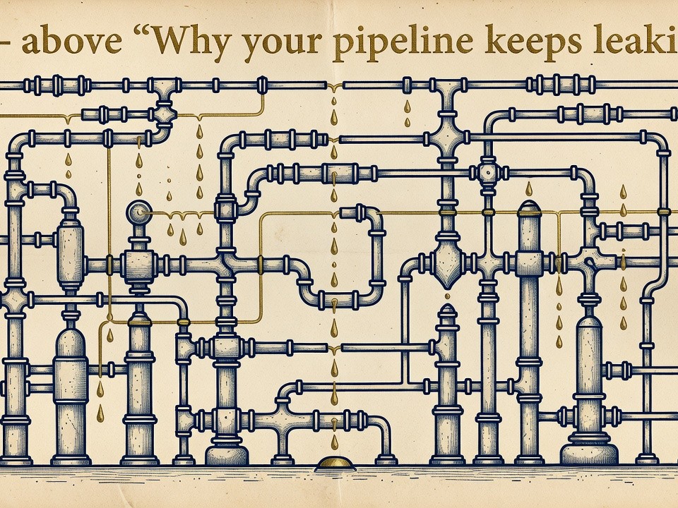 an engraved network of pipes and vessels with fine brass droplets escaping through the seams between disconnected components