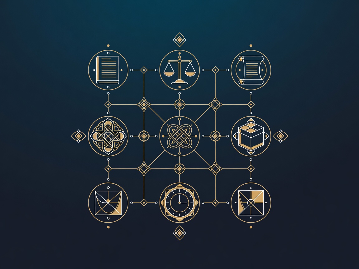 Engraved grid of seven workflow medallions linked by gold rails, depicting seven operations jobs becoming agentic
