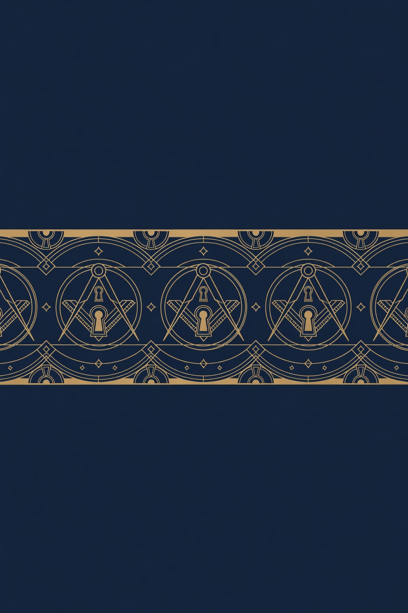 Engraved art-deco frieze of compass arcs, keyholes and protective boundary rings, a decorative divider before the FAQ
