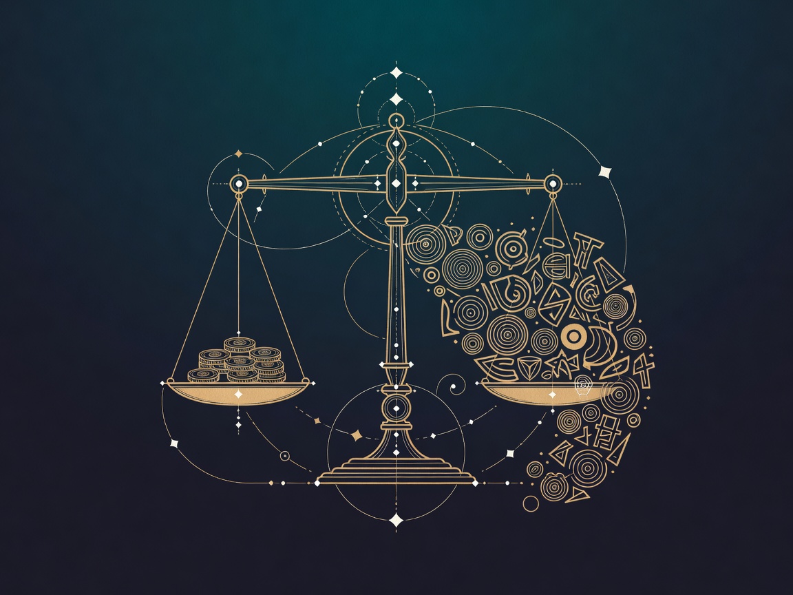 Engraved balance scale weighing cost against token volume for open-weight models