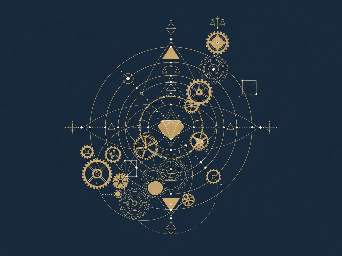 Nested orbits and interlocking gears compounding around a central gold diamond
