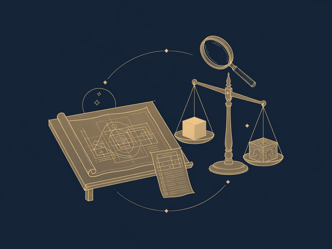 Drafting table with a blueprint, checklist, and balance scale weighing good-enough against perfect, setting AI expectations