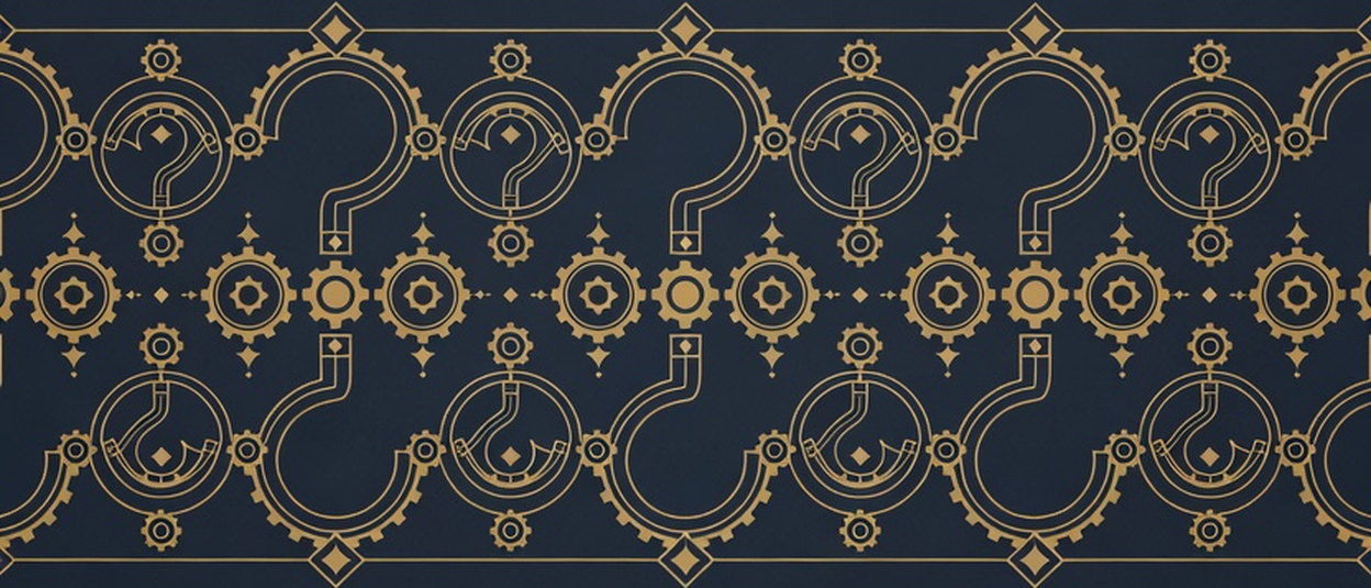 Engraved art-deco frieze of question marks formed from compass arcs and gears, a decorative divider before the FAQ