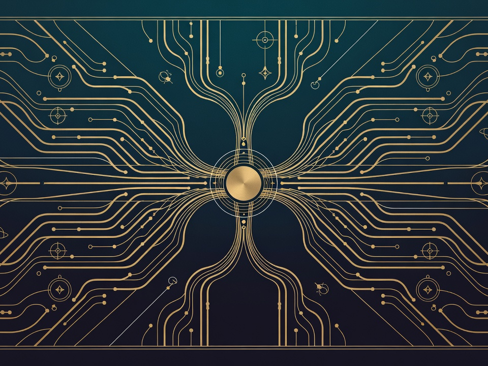 Many engraved pipes and cables converging into a single standardized universal hub connector.