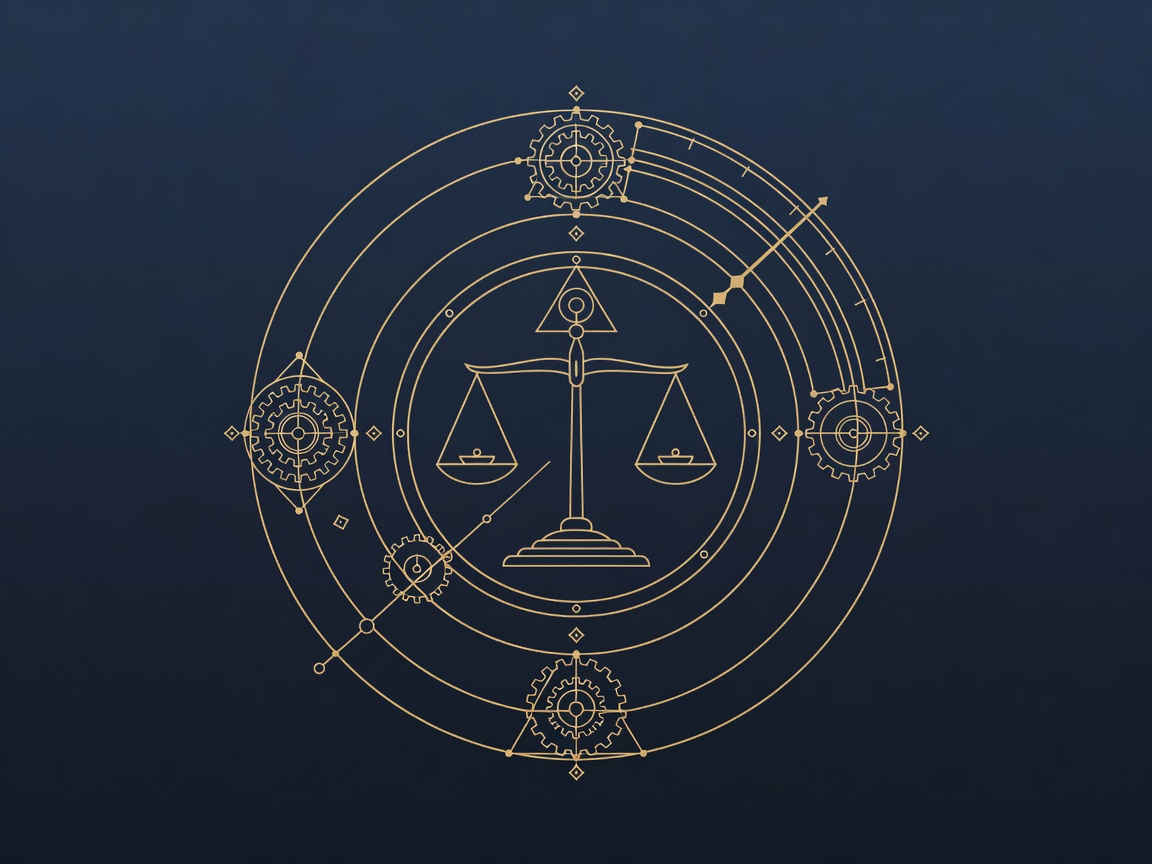Antique-gold engraving of a balance scale beside a graduated arc dial showing autonomy increasing by degrees