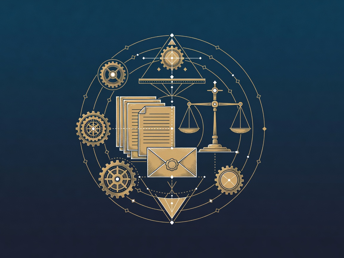 An engraved portfolio of documents beside a balance scale forming a trust ledger assembled before a sealed envelope