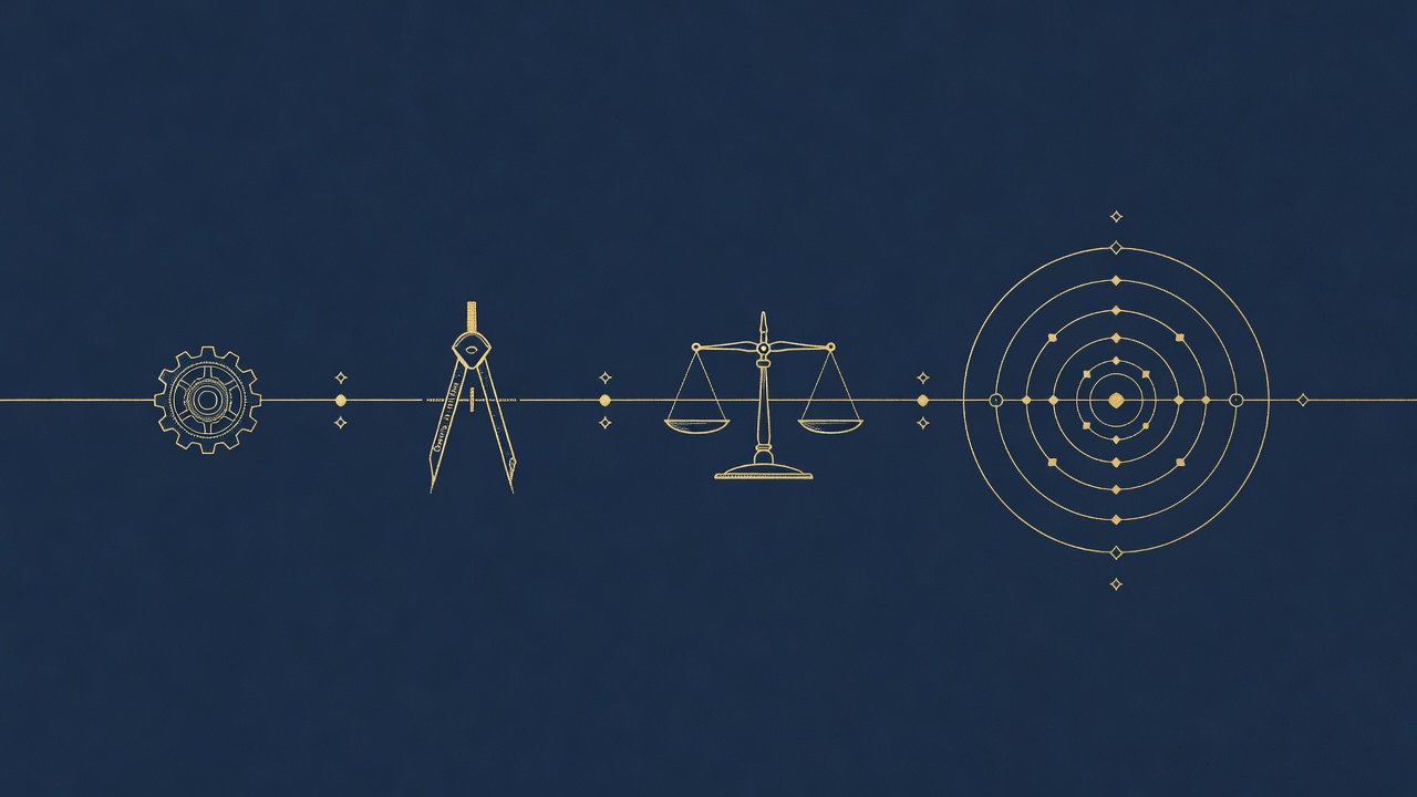 Four geometric milestones along a timeline: scoped gear, compass owner, balance for instrumentation, expanding orbit